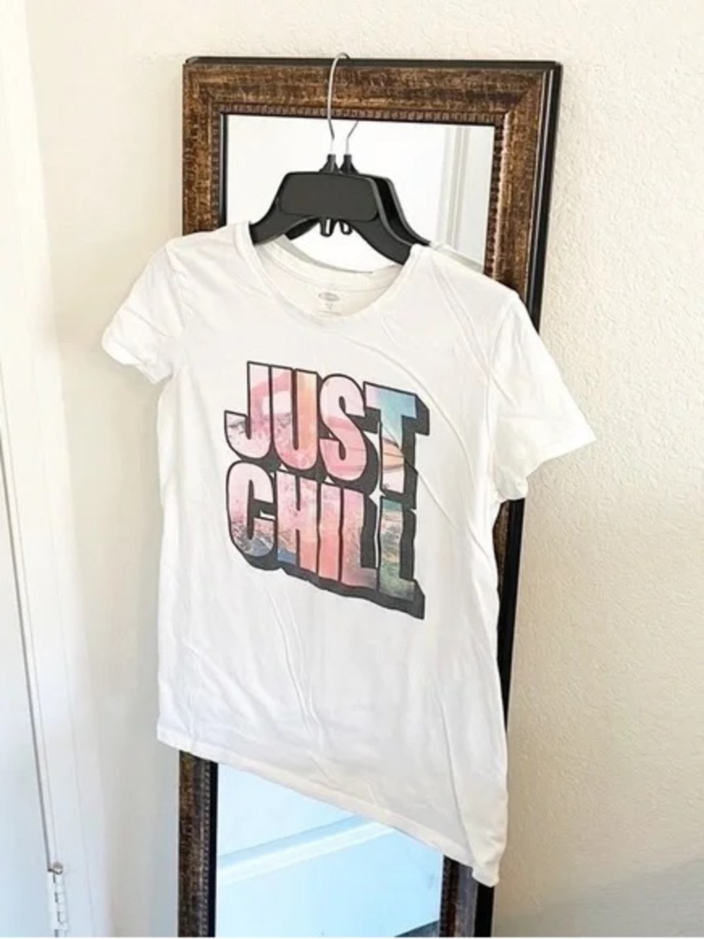 Athleta White Short Sleeve Tee with Pastel 'JUST CHILL' Graphic